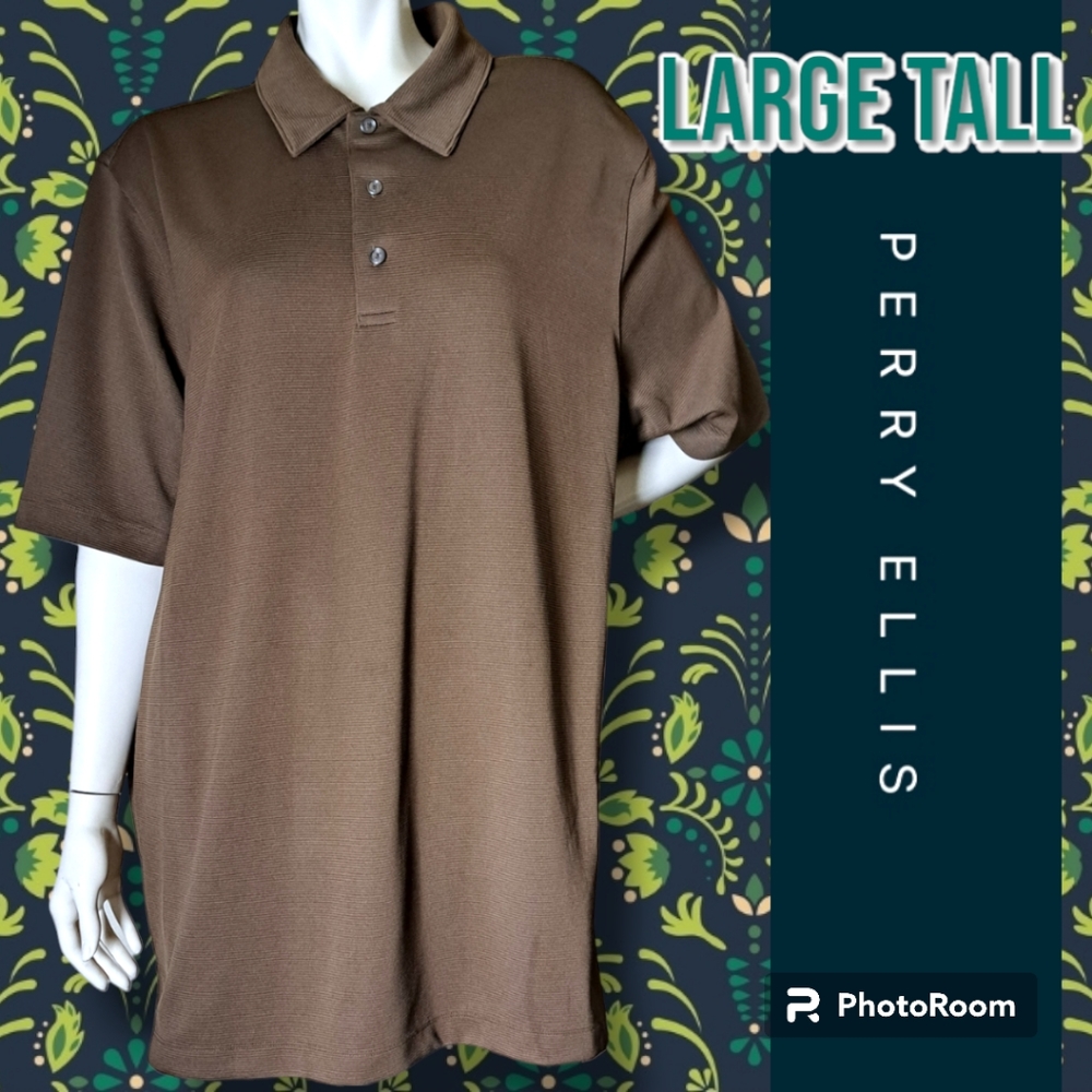 PERRY ELLIS New WOT Men's Ribbed Polo Shirt Olive Brown Sz LARGE Big & Tall (XL) - Picture 1 of 6